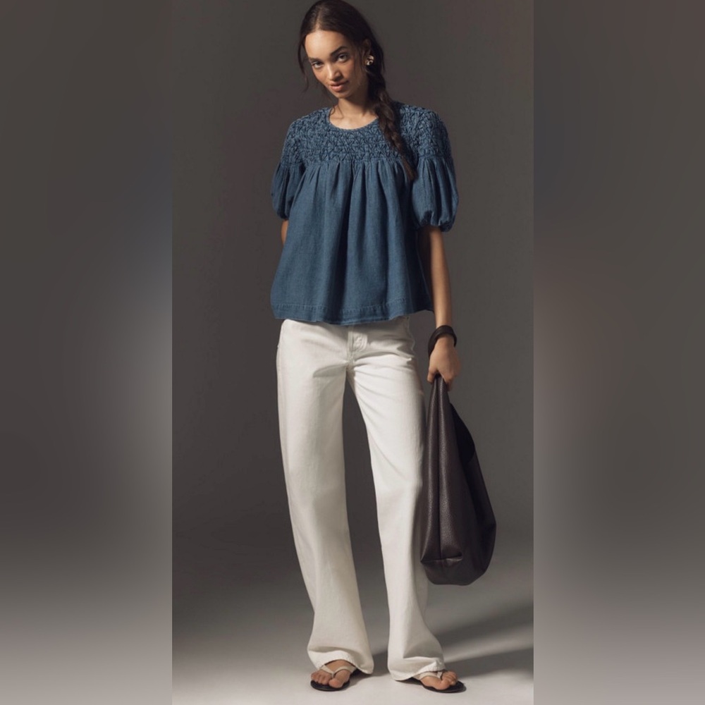 Smocked Blue Women's Peasant Top - Picture 4 of 9
